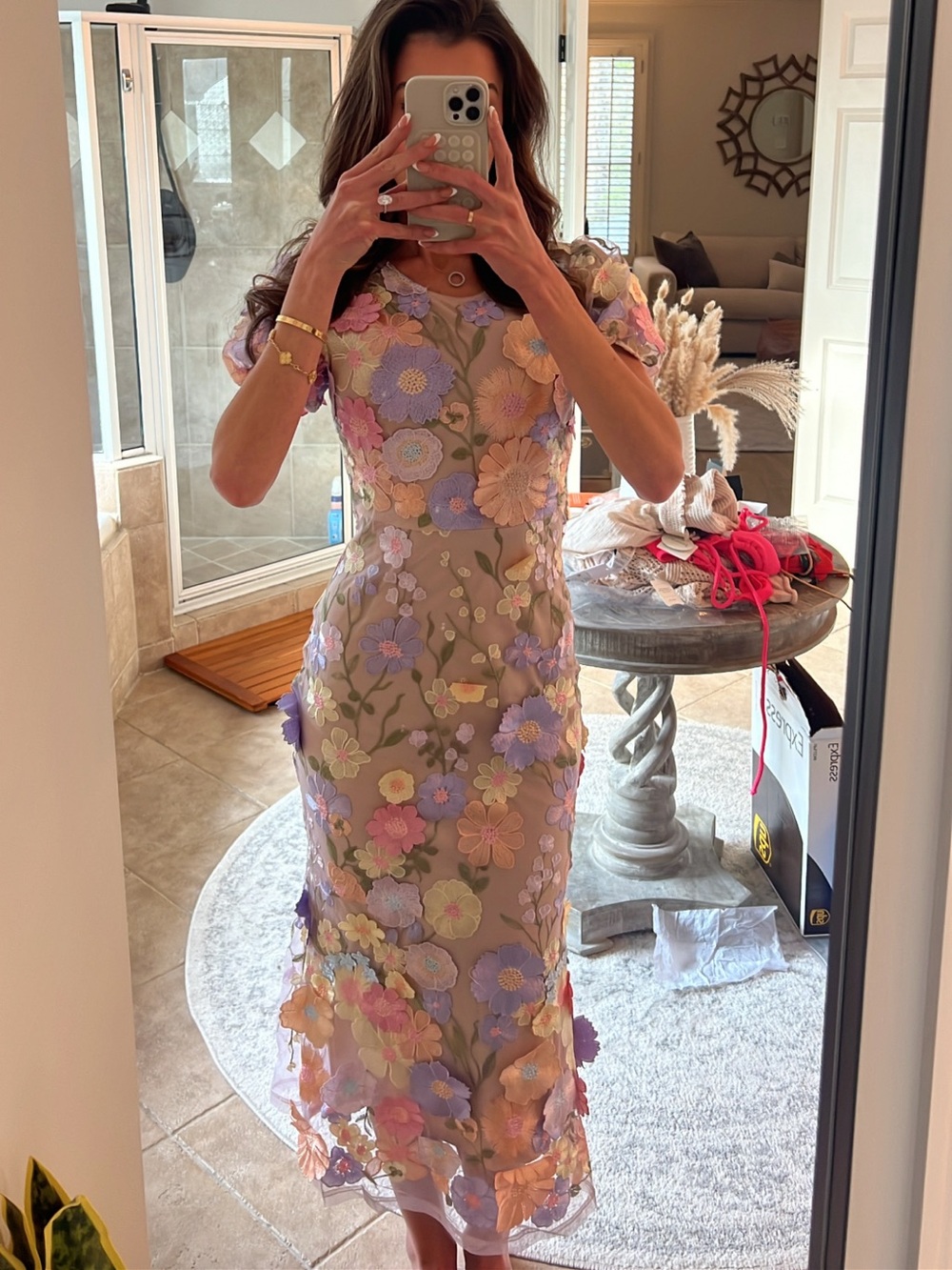 Floral Appliqu Midi Dress In Pastel Colors